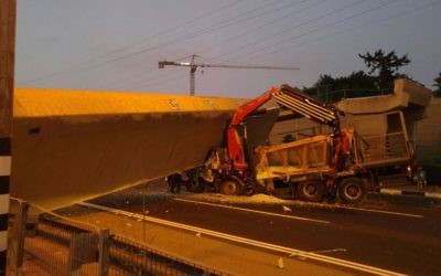 The collapsed bridge on Highway 4, near Bnei Brak, August 14, 2017. (United Hatzalah)