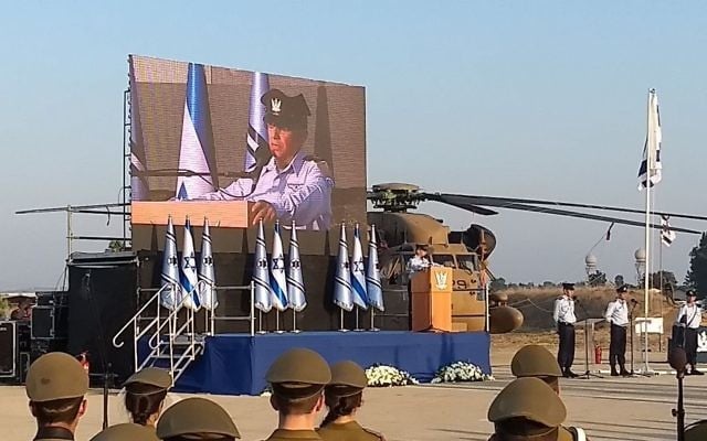 Outgoing chief Israel Air Force chief Maj. Gen. Amir Eshel speaks at the ceremony for his successor Maj. Gen. Amikam Norkin at Tel Nof base in central Israel on August 14, 2017. (Judah Ari Gross/Times of Israel) Outgoing chief Israel Air Force chief Maj. Gen. Amir Eshel speaks at the ceremony for his successor Maj. Gen. Amikam Norkin at Tel Nof base in central Israel on August 14, 2017. (Judah Ari Gross/Times of Israel)