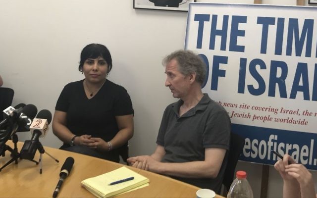 Neda Amin, a blogger for The Times of Israel's Persian edition, speaks to the press at The Times of Israel's office in Jerusalem on August 10, 2017. (Tamar Pileggi/Times of Israel)