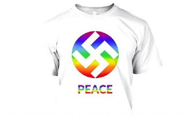 Screen capture from a promotional video for tee-shirts featuring the swastika as a symbol for peace. (Facebook/KA Design) Screen capture from a promotional video for tee-shirts featuring the swastika as a symbol for peace. (Facebook/KA Design)