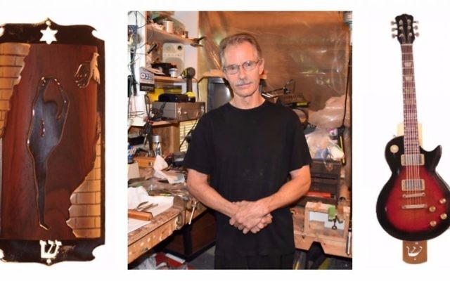 Center: Master mezuzah maker Ric von Neumann in his rural Ontario workshop where he makes his custom cases. Sides: A custom dancer mezuzah case, and a Gibson Les Paul replica mezuzah case. (Courtesy/Libby von Neumann)