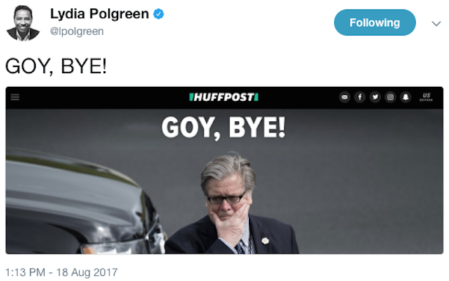 A screenshot from Huffington Post editor Lydia Polgreen's Twitter account from August 18, 2017. (Screen capture: Twitter via JTA) A screenshot from Huffington Post editor Lydia Polgreen's Twitter account from August 18, 2017. (Screen capture: Twitter via JTA)