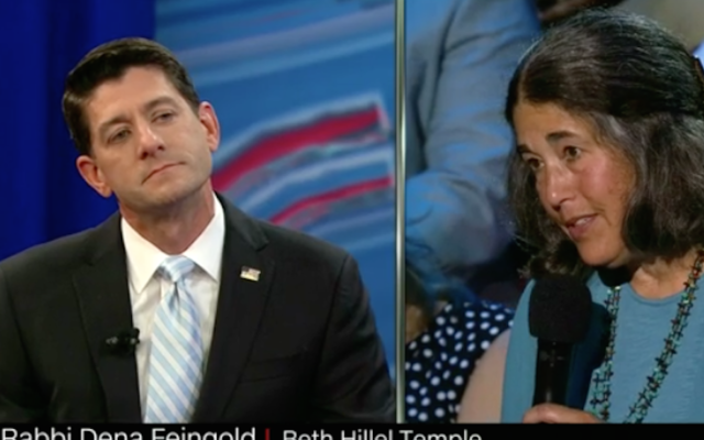 Paul Ryan and Rabbi Dena Feingold at a town hall in Racine, Wisc.(Screenshot from CNN) Paul Ryan and Rabbi Dena Feingold at a town hall in Racine, Wisc.(Screenshot from CNN)