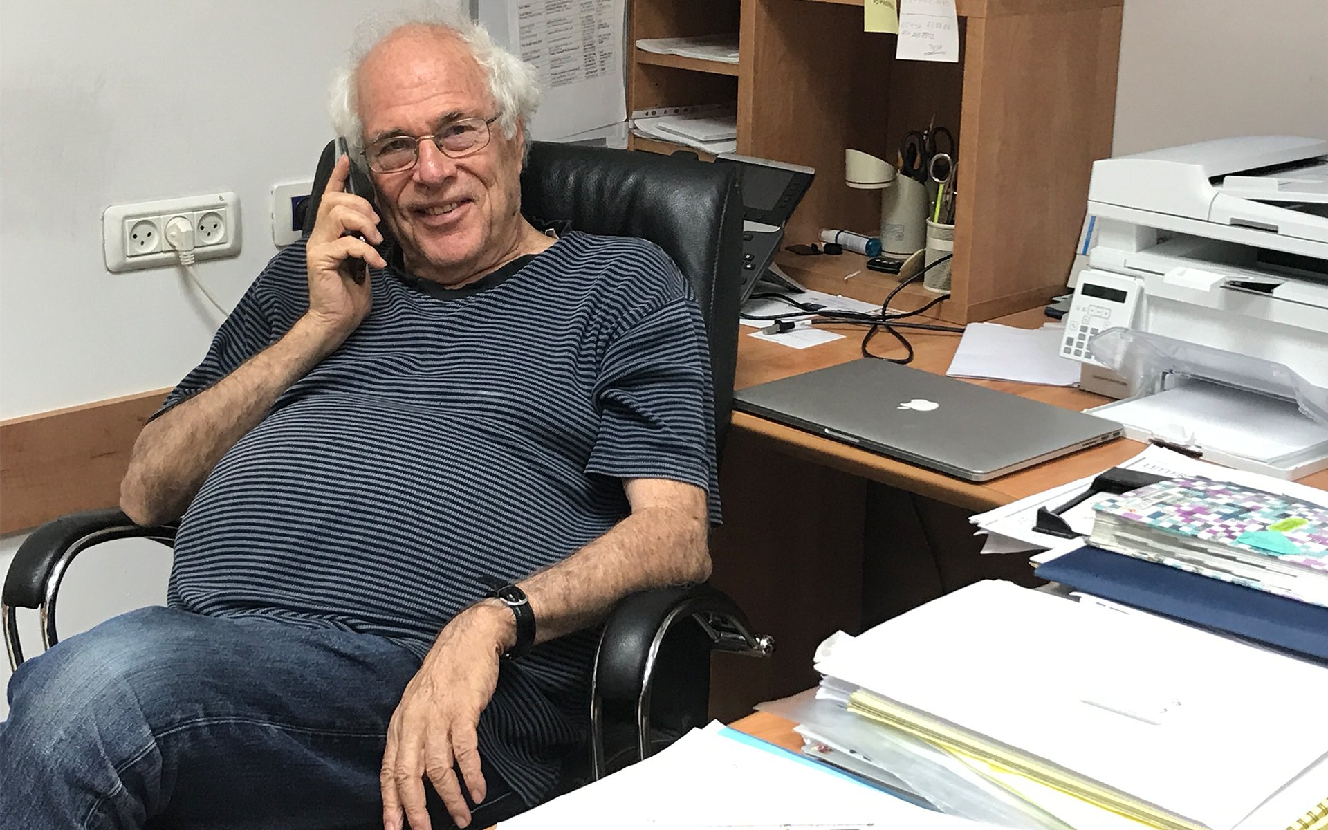 Prof. Zelig Eshhar in his office at the Weizmann Institute of Science. Aug. 29, 2017 (Shoshanna Solomon/Times of Israel)