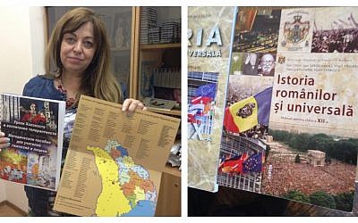 Galina Kargher, the director of the International Center for Training and Professional Development at the Jewish Community Center in Moldova showing the materials they developed for teaching about the Holocaust in Moldova. To the right, a current textbook used in Moldovan schools. (Julie Masis/Times of Israel)