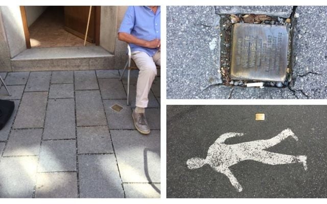 A man sitting with his foot near a stumbling stone; stumbling stones placed in the road, one near a pedestrian crossing marking. (Noah Lederman/Times of Israel)