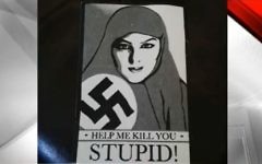 An anti-Muslim swastika-bearing flier found on the streets of Alameda, California, August 21, 2017. (KRON4 broadcast screen capture)