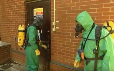 Illustrative: workers take part in a training exercise cleaning up after a chlorine gas leak in southern Britain in 2012. (screen capture: YouTube)