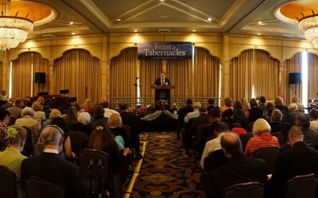 A Living Church of God congregation in San Diego celebrates the Feast of Tabernacles -- the church's name for Sukkot -- in 2016. (Courtesy of the Living Church of God/via JTA)