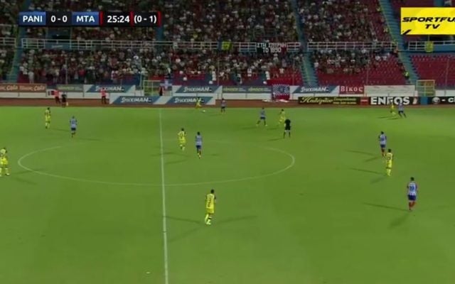 Israel's Maccabi Tel Aviv soccer team play Greece's Panionios in Greece on August 3, 2017. (Screen capture: YouTube). Israel's Maccabi Tel Aviv soccer team play Greece's Panionios in Greece on August 3, 2017. (Screen capture: YouTube).