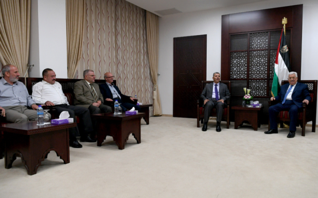 Palestinian Authority President Mahmoud Abbas on August 1, 2017 holds a rare meeting in Ramallah with a Hamas delegation, which included former Palestinian education minister Nasser al-Din al-Shaer, and Hamas lawmakers, Mahmoud Al-Ramahi, Mohammad Totah, Ayman Daraghmeh and Samir Abu Eisha (Wafa/ Osama Falah) Palestinian Authority President Mahmoud Abbas on August 1, 2017 holds a rare meeting in Ramallah with a Hamas delegation, which included former Palestinian education minister Nasser al-Din al-Shaer, and Hamas lawmakers, Mahmoud Al-Ramahi, Mohammad Totah, Ayman Daraghmeh and Samir Abu Eisha (Wafa/ Osama Falah)