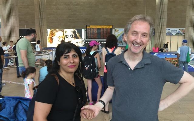 Neda Amin is welcomed by Times of Israel's David Horovitz at Ben-Gurion Airport, August 10, 2017 (Times of Israel staff) Neda Amin is welcomed by Times of Israel's David Horovitz at Ben-Gurion Airport, August 10, 2017 (Times of Israel staff)
