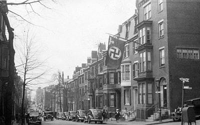 A Nazi flag outside the German consulate's house on Chestnut Street in Beacon Hill, May 1940. (public domain)