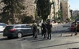 Police guarding outside the Jerusalem Pride Parade on August 3, 2017. (Joshua Davidovich/Times of Israel)