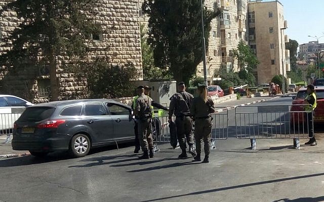 Police guarding outside the Jerusalem Pride Parade on August 3, 2017. (Joshua Davidovich/Times of Israel) Police guarding outside the Jerusalem Pride Parade on August 3, 2017. (Joshua Davidovich/Times of Israel)