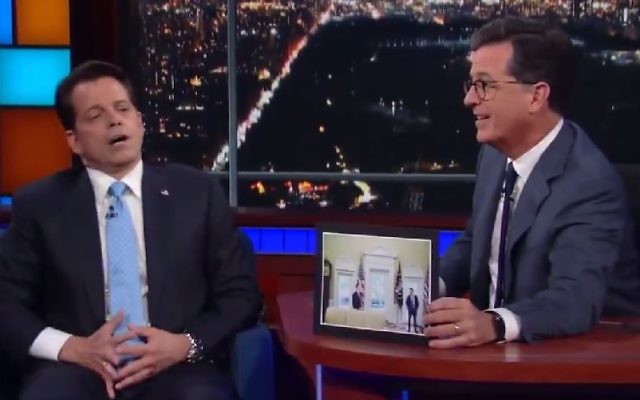 Former White House communications director Anthony Scaramucci speaks to Stephen Colbert, August 14, 2017. (Screenshot) Former White House communications director Anthony Scaramucci speaks to Stephen Colbert, August 14, 2017. (Screenshot)