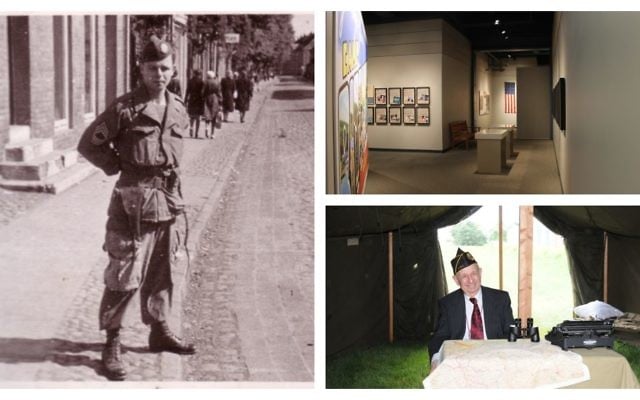 Clockwise from left, 'Ritchie Boy' Werner Angress in his paratrooper uniform ca. 1944. Angress died in 2010 at age 90; The Holocaust Center at which Guy Stern still works in Farmington Hills, Michigan; Stern reenacting his old role. (Courtesy Henderson/Stern)