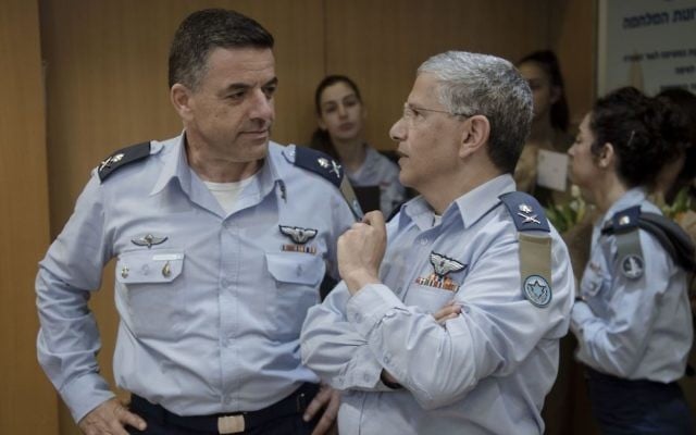 Maj. Gen. Amikam Nurkin, left, replaces Maj. Gen. Amir Eshel as head of the Israeli Air Force at a ceremony in the army's Tel Aviv headquarters on August 10, 2017. (Israel Defense Forces) Maj. Gen. Amikam Nurkin, left, replaces Maj. Gen. Amir Eshel as head of the Israeli Air Force at a ceremony in the army's Tel Aviv headquarters on August 10, 2017. (Israel Defense Forces)
