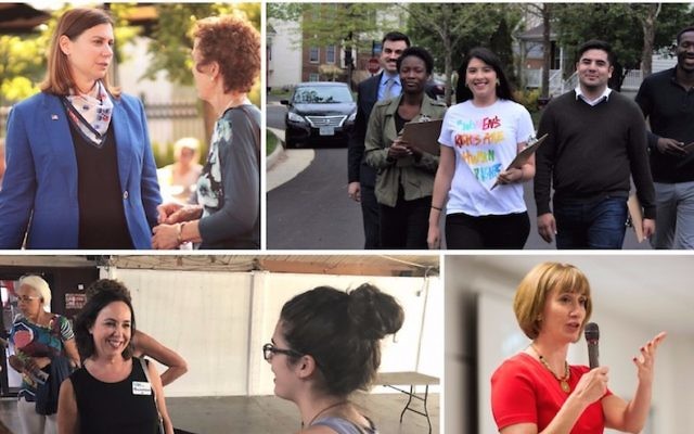 Clockwise from top left: Elissa Slotkin, in blue jacket; Hannah Risheq, in white shirt; Laura Moser; Lisa Mandelblatt, in black shirt. (Courtesy via JTA)