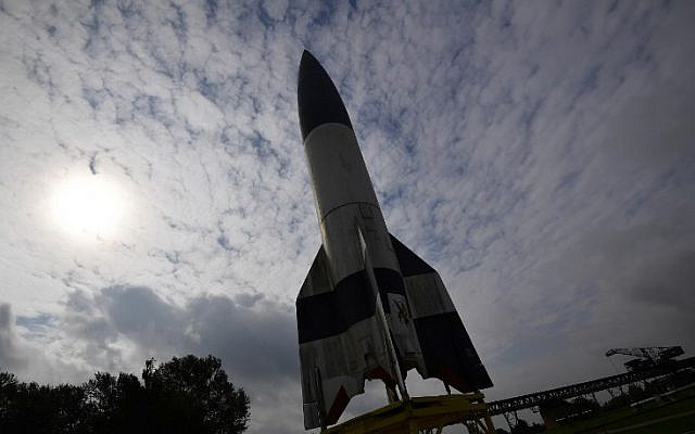 A full size replica with original parts of an "Aggregat 4 (V2) liquid fuel rocket" on display at the Technical Historical Museum on the site of the Nazi largest weapon development complex in Peenemuende, northern Germany, on August 18, 2017. (AFP PHOTO / TOBIAS SCHWARZ)