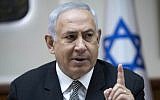 Prime Minister Benjamin Netanyahu attends the weekly cabinet meeting at the Prime Ministers Office in Jerusalem,  September 3, 2017. (AFP/POOL/ABIR SULTAN)