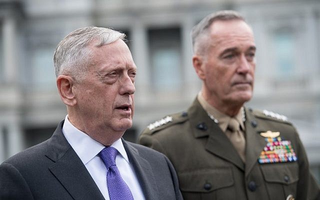 US Defense Secretary James Mattis, left, and Gen. Joseph Dunford, chairman of the Joint Chiefs of Staff, arrive to speak to the press about the situation in North Korea at the White House in Washington, DC, September 3, 2017. (AFP/NICHOLAS KAMM) US Defense Secretary James Mattis, left, and Gen. Joseph Dunford, chairman of the Joint Chiefs of Staff, arrive to speak to the press about the situation in North Korea at the White House in Washington, DC, September 3, 2017. (AFP/NICHOLAS KAMM)