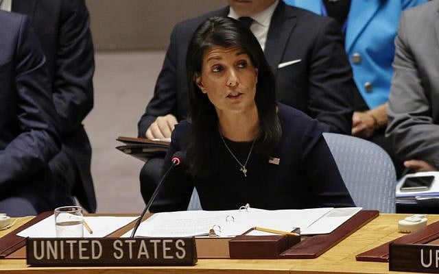 United States Ambassador to the United Nations Nikki Haley addresses a UN Security Council emergency meeting, September 4, 2017. (AFP/Kena Betancur) United States Ambassador to the United Nations Nikki Haley addresses a UN Security Council emergency meeting, September 4, 2017. (AFP/Kena Betancur)