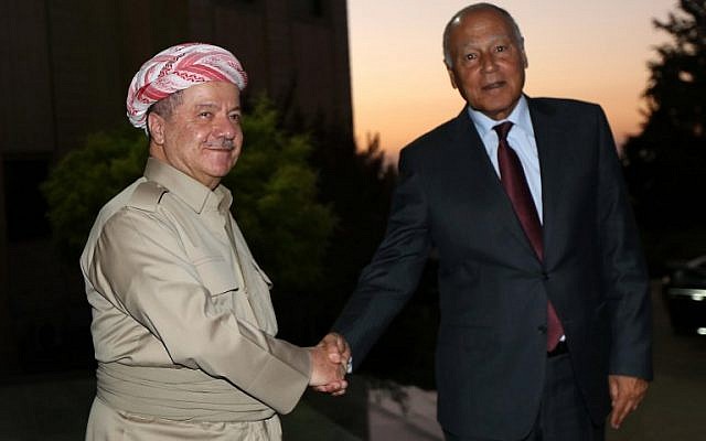 Iraq's Kurdistan Region President Massoud Barzani (L) receives Arab League Secretary General Ahmed Abul Gheit on September 9, 2017, in Irbil, the capital of the Kurdish autonomous region in northern Iraq. (AFP/Safin Hamed) Iraq's Kurdistan Region President Massoud Barzani (L) receives Arab League Secretary General Ahmed Abul Gheit on September 9, 2017, in Irbil, the capital of the Kurdish autonomous region in northern Iraq. (AFP/Safin Hamed)