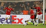 Illustrative: Hapoel Beersheba's Israeli midfielder Daniel Einbinder reacts after scoring during the UEFA Europa League football match between Hapoel Beer-Sheva FC and FC Lugano on September 14, 2017 at the Turner Stadium in Beersheba. (AFP PHOTO / JACK GUEZ)