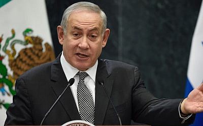 Prime Minister Benjamin Netanyahu speaks during a presser with Mexican President Enrique Pena Nieto (out of frame), at the Los Pinos Residence in Mexico City, on September 14, 2017.  (Alfredo Estrella/AFP)