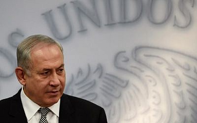 Israel's Prime Minister Benjamin Netanyahu gestures during a press conference with Mexican President Enrique Pena Nieto (out of frame), at the Los Pinos Residence in Mexico City, on September 14, 2017. (AFP/ Alfredo ESTRELLA)