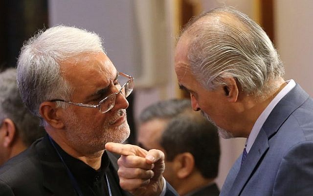 Syrian chief negotiator and UN ambassador Bashar al-Jaafari (R) speaks with Iranian deputy foreign minister Hossein Jaberi Ansari (L) during the session of Syria peace talks in Astana, on September 15, 2017. (AFP/Stanislav Filippov) Syrian chief negotiator and UN ambassador Bashar al-Jaafari (R) speaks with Iranian deputy foreign minister Hossein Jaberi Ansari (L) during the session of Syria peace talks in Astana, on September 15, 2017. (AFP/Stanislav Filippov)