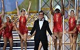 Host Stephen Colbert dances onstage during the 69th Emmy Awards at the Microsoft Theatre on September 17, 2017 in Los Angeles, California. (AFP/Frederic J. Brown)