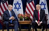 US President Donald Trump listens while Prime Minister Benjamin Netanyahu speaks to the press prior to their meeting at the Palace Hotel in New York City ahead of the United Nations General Assembly on September 18, 2017.(AFP Photo/Brendan Smialowski)