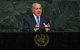 Prime Minister Benjamin Netanyahu addresses world leaders at the 72nd UN General Assembly at UN headquarters in New York on September 19, 2017. (AFP Photo/Timothy A. Clary)