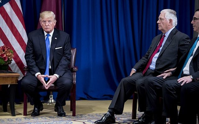 US President Donald Trump, left, and US Secretary of State Rex Tillerson wait for a meeting with Qatar's Emir Tamim bin Hamad al-Thani at the Palace Hotel on September 19, 2017 in New York City, on the sidelines of the United Nations General Assembly. (AFP/ Brendan Smialowski) US President Donald Trump, left, and US Secretary of State Rex Tillerson wait for a meeting with Qatar's Emir Tamim bin Hamad al-Thani at the Palace Hotel on September 19, 2017 in New York City, on the sidelines of the United Nations General Assembly. (AFP/ Brendan Smialowski)