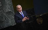 Prime Minister Benjamin Netanyahu addresses the 72nd session of the General Assembly at the United Nations in New York, September 19, 2017. (AFP/Jewel SAMAD)