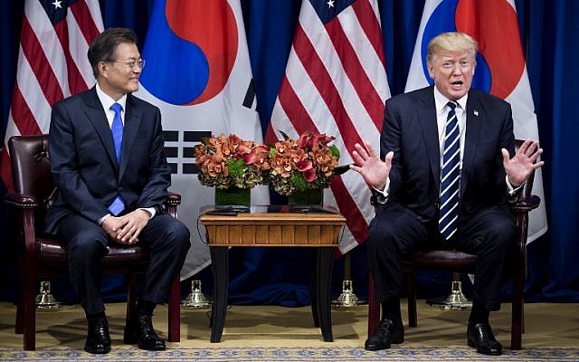 South Korea's President Moon Jae-in (L) listens as US President Donald Trump speaks to the press before a meeting at New York's Palace Hotel during the 72nd UN General Assembly on September 21, 2017. (AFP Photo/Brendan Smialowski) South Korea's President Moon Jae-in (L) listens as US President Donald Trump speaks to the press before a meeting at New York's Palace Hotel during the 72nd UN General Assembly on September 21, 2017. (AFP Photo/Brendan Smialowski)