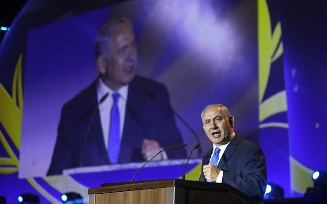 Prime Minister Benjamin Netanyahu gives a speech during a celebration of the 50 years of Jewish settlement in the West Bank and Golan Heights, at commemoration event in the Gush Etzion settlement bloc on September 27, 2017.  (AFP PHOTO / MENAHEM KAHANA)