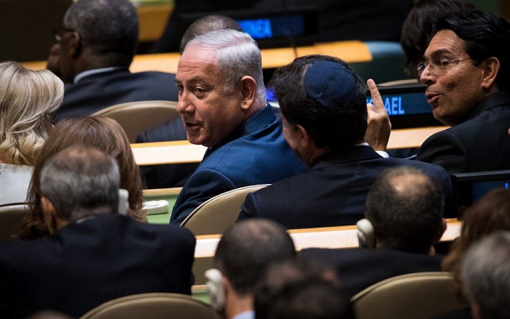 Prime Minister Benjamin Netanyahu, before the start of US President Donald Trump's speech at the United Nations General Assembly at UN headquarters in New York, on September 19, 2017. (Drew Angerer/Getty Images/AFP)