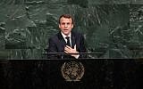 French President Emmanuel Macron addresses the United Nations General Assembly at UN headquarters in New York on September 19, 2017. (Drew Angerer/Getty Images/AFP)
