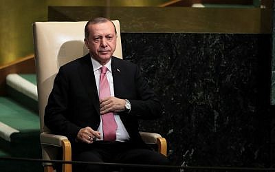 Turkish President Recep Tayyip Erdogan sits after addressing the United Nations General Assembly at UN headquarters in New York on September 19, 2017. (Drew Angerer/Getty Images/AFP)