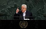 Palestinian Authority President Mahmoud Abbas addresses the United Nations General Assembly at UN headquarters, September 20, 2017 in New York City. (Drew Angerer/Getty Images/AFP)