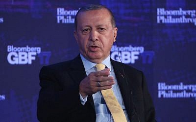 Turkish President Recep Tayyip Erdogan speaks at the Bloomberg Global Business Forum in New York City, September 20, 2017. (John Moore/Getty Images/AFP)
