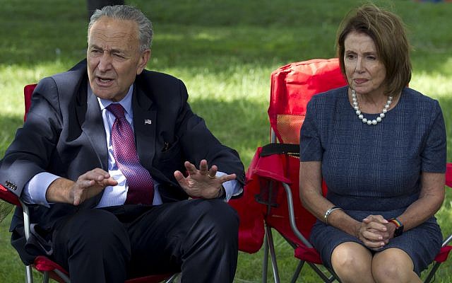 Senate Minority Leader Chuck Schumer of NY, left, and House Minority Leader Nancy Pelosi of California speak on Capitol Hill in Washington, September 7, 2017 (AP/Jose Luis Magana) Senate Minority Leader Chuck Schumer of NY, left, and House Minority Leader Nancy Pelosi of California speak on Capitol Hill in Washington, September 7, 2017 (AP/Jose Luis Magana)