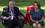 Senate Minority Leader Chuck Schumer of NY, accompanied by House Minority Leader Nancy Pelosi of California speak on Capitol Hill in Washington, September 7, 2017. (AP/Jose Luis Magana)