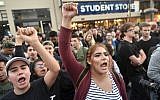 Illustrative: Protesters shout before conservative Jewish pundit Ben Shapiro speaks, on the campus of the University of California Berkeley, on September 14, 2017 (AP Photo/Josh Edelson)