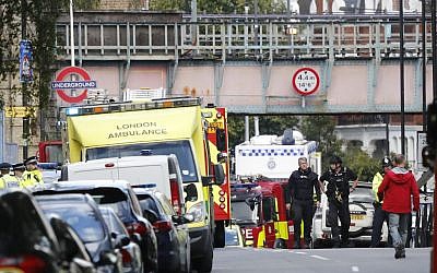 Ambulances and police are seen at the at Parsons Green subway station in London after a bombing on the London Underground on September 15, 2017. (AP Photo/Frank Augstein) Ambulances and police are seen at the at Parsons Green subway station in London after a bombing on the London Underground on September 15, 2017. (AP Photo/Frank Augstein)