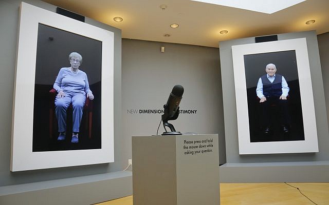 Holocaust survivors Eva Schloss, left, Anne Frank's posthumous stepsister when her mother married Frank's father, and fellow survivor Pinchas Gutter are displayed as part of an exhibit at the Museum of Jewish Heritage called 'New Dimensions in Testimony,' in New York, September 15, 2017. (AP Photo/Bebeto Matthews) Holocaust survivors Eva Schloss, left, Anne Frank's posthumous stepsister when her mother married Frank's father, and fellow survivor Pinchas Gutter are displayed as part of an exhibit at the Museum of Jewish Heritage called 'New Dimensions in Testimony,' in New York, September 15, 2017. (AP Photo/Bebeto Matthews)