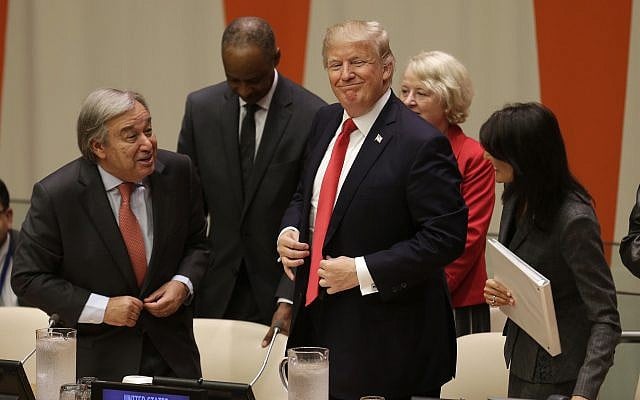 US President Donald Trump, center, gets up to leave after making a quick statement at a meeting during the United Nations General Assembly at UN headquarters, September 18, 2017. (AP Photo/Seth Wenig) US President Donald Trump, center, gets up to leave after making a quick statement at a meeting during the United Nations General Assembly at UN headquarters, September 18, 2017. (AP Photo/Seth Wenig)